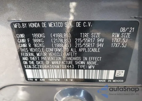 2022 Honda Hr-V Awd Lx из США, поврежденный, VIN 3CZRU6H36NM708443